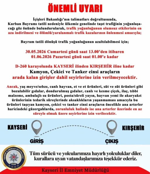 Kayseri&rsquo;de tatil d&ouml;n&uuml;ş&uuml; trafik yoğunluğuna emniyetten &ouml;nlem
