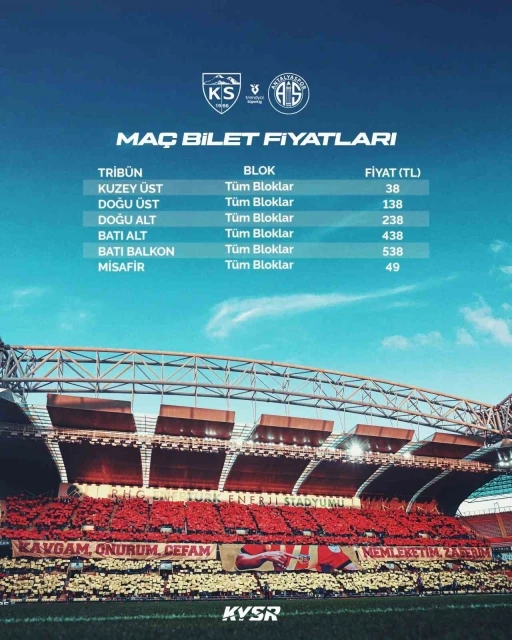 Kayserispor - Antalyaspor ma&ccedil;ının bilet fiyatları belli oldu
