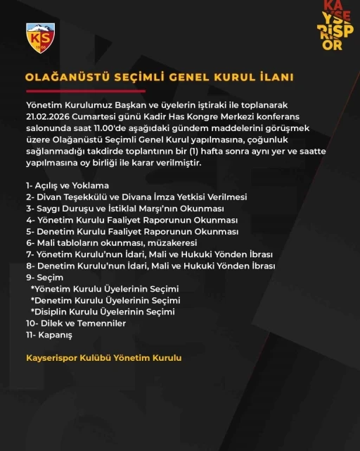 Kayserispor&rsquo;un genel kurulu 21 Şubat&rsquo;ta
