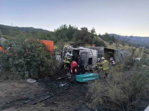 Kaza yaptıktan sonra alevlere teslim olan tırdaki 2 kişi &ouml;ld&uuml;, taşınan anguslar otobana yayıldı
