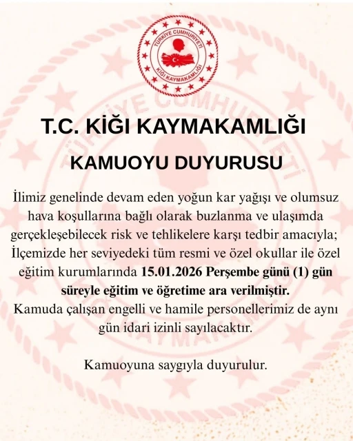 Kiğı ilçesinde eğitime 1 gün ara verildi
