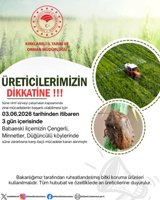 Kırklareli&rsquo;nde s&uuml;ne zararlısına karşı ila&ccedil;lama uyarısı
