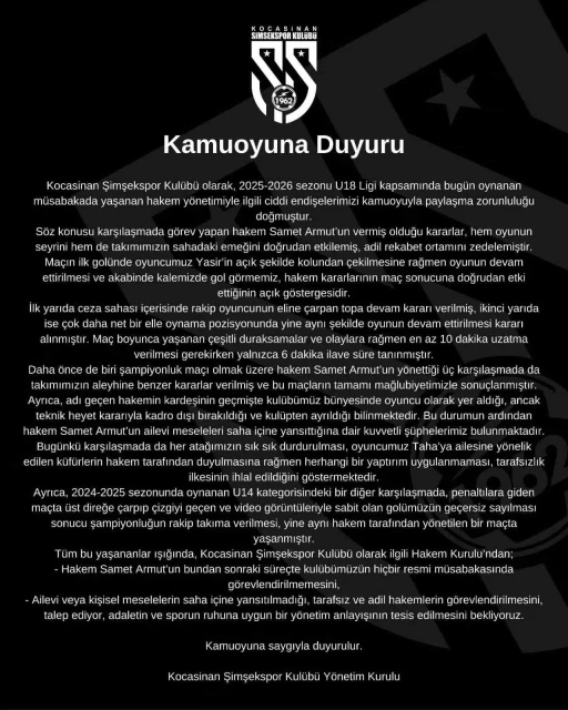 Kocasinan Şimşekspor’dan sert açıklama: &quot;Bu hakemi maçlarımıza istemiyoruz&quot;
