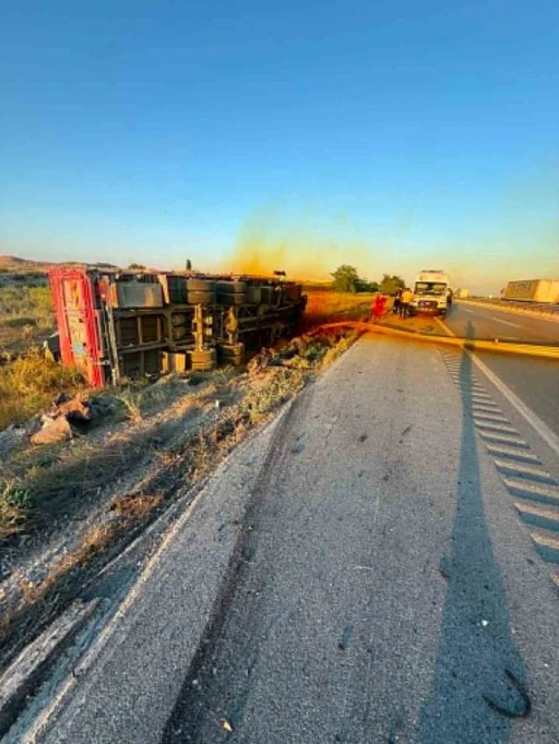 Kontrolden &ccedil;ıkan kamyon devrildi: 1 yaralı
