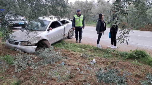 Kontrolden çıkan otomobil, zeytinliğe uçtu
