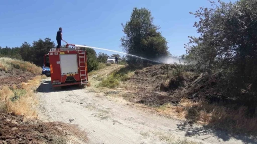 Kuru otlar alev aldı, köylüler toprakla söndürdü
