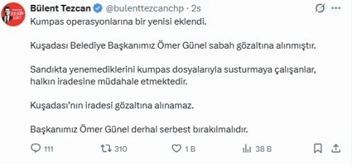 Kuşadası Belediye Başkanı &Ouml;mer G&uuml;nel&rsquo;in g&ouml;zaltına alınmasına CHP&rsquo;li vekillerden tepki
