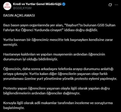 KYK, Bayburt’ta yurtta cinayet işlendiği iddiasını yalanladı

