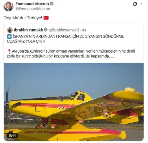 Macron&rsquo;dan T&uuml;rkiye&rsquo;ye teşekk&uuml;r
