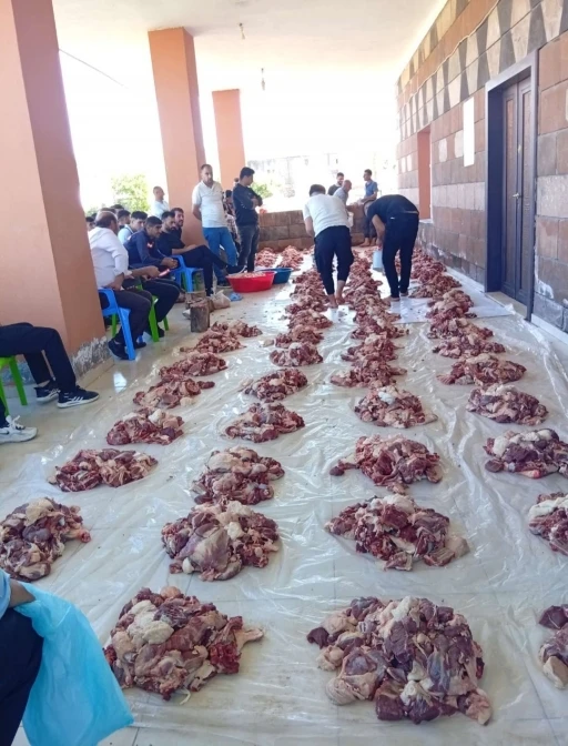 Mardin&rsquo;de imece usul&uuml; kesilen 1 ton kurban eti, 100 aileye dağıtıldı
