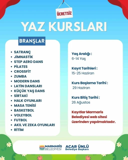 Marmaris Belediyesi&rsquo;nden &ccedil;ocuklar i&ccedil;in 17 branşta &uuml;cretsiz yaz kursu
