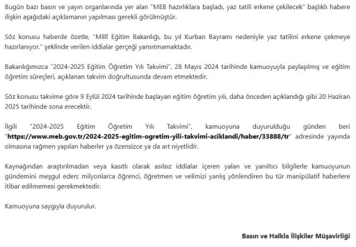 MEB’den erken yaz tatili iddialarına yalanlama
