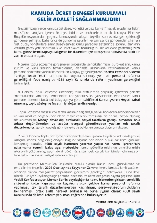 Memur-Sen Başkanlar Kurulu: &quot;Türkiye Yüzyılı’na yakışır, 4688 sayılı Kanunu’nda ivedi reform yapılması çağrısında bulunuyoruz&quot;
