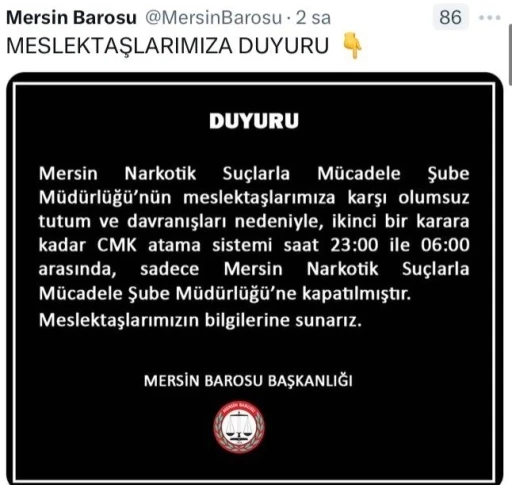 Mersin Barosu’ndan tepki çeken karar: Narkotik şubeye avukat görevlendirilmeyecek
