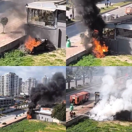 Mersin&rsquo;de iş yerinin duvarına &ccedil;arpan otomobil alev aldı: 1 yaralı

