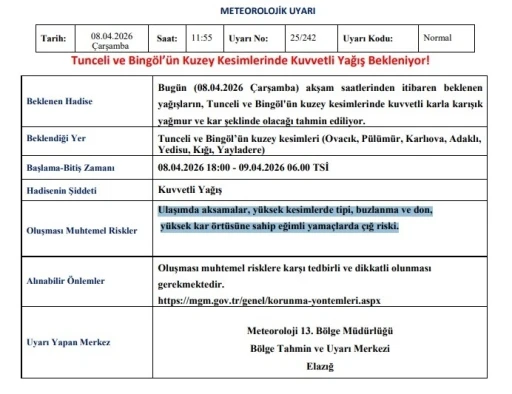 Meteoroloji&rsquo;den Tunceli ve Bing&ouml;l i&ccedil;in kuvvetli yağış uyarısı
