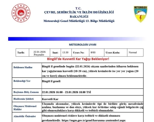 Meteorolojiden Bing&ouml;l i&ccedil;in kuvvetli kar yağışı uyarısı

