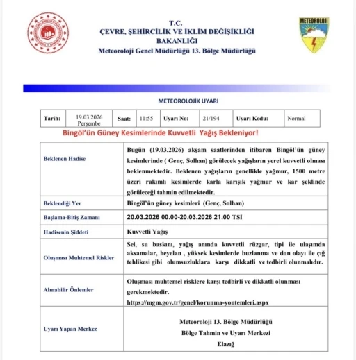 Meteorolojiden  Bing&ouml;l i&ccedil;in kuvvetli yağış uyarısı
