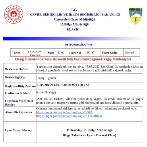 Meteorolojiden Elazığ için kuvvetli yağış uyarısı

