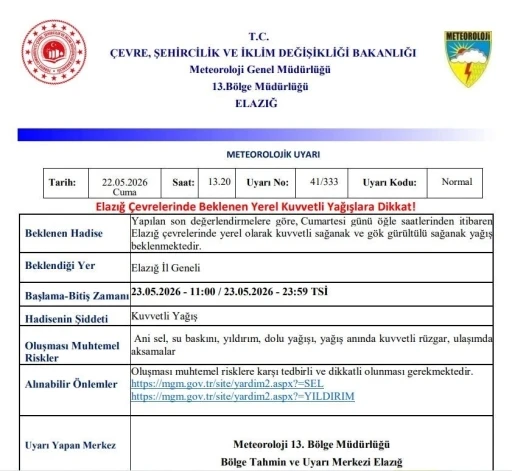 Meteorolojiden Elazığ i&ccedil;in kuvvetli yağış uyarısı
