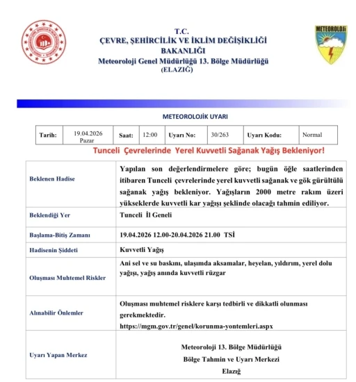 Meteorolojiden Tunceli i&ccedil;in sağanak yağış uyarısı
