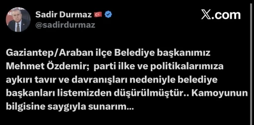 MHP, Araban Belediye Başkanını parti listesinden d&uuml;ş&uuml;rd&uuml;
