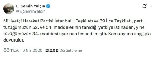 MHP İstanbul İl Teşkilatı ve 39 il&ccedil;e teşkilatı birlikte feshedildi
