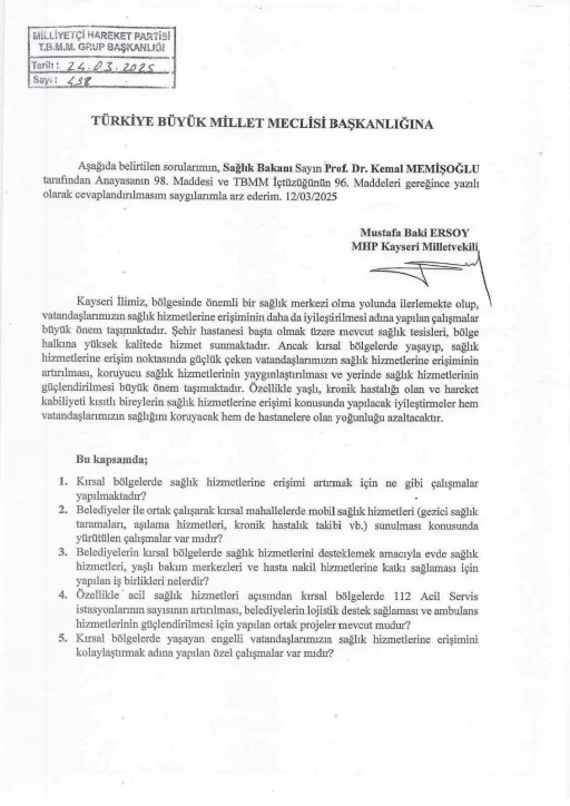 MHP’li Ersoy’dan sağlık hizmeti soru önergesi

