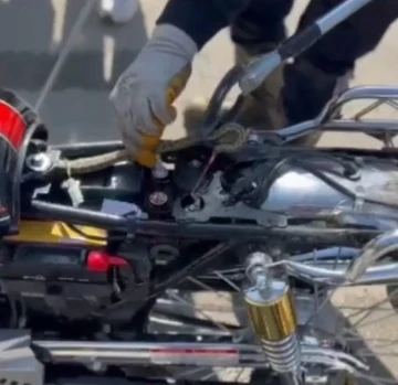 Motosiklete giren yılan, ekipler tarafından çıkarıldı
