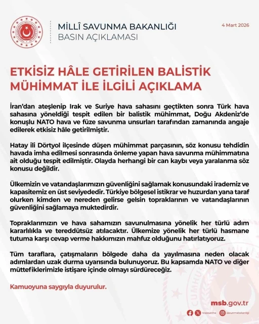 MSB: "T&uuml;rk hava sahasına y&ouml;nelen balistik m&uuml;himmat Doğu Akdeniz&rsquo;de etkisiz hale getirildi"
