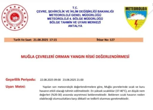 DİKKAT MUĞLA VE ÇEVRELERİNDE ORMAN YANGINI RİSKİ UYARISI