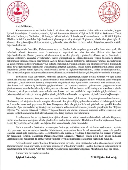 BAKANLIKLARDAN ORTAK A&Ccedil;IKLAMA: &ldquo;OKUL G&Uuml;VENLİĞİ İ&Ccedil;İN YENİ TEDBİRLER ALINACAK&rdquo;