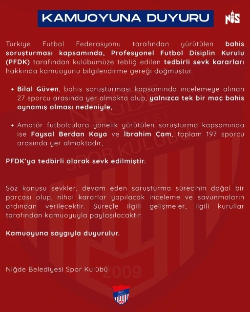 Niğde Belediyespor’dan futbolcularla ilgili bahis soruşturmasına ilişkin açıklama
