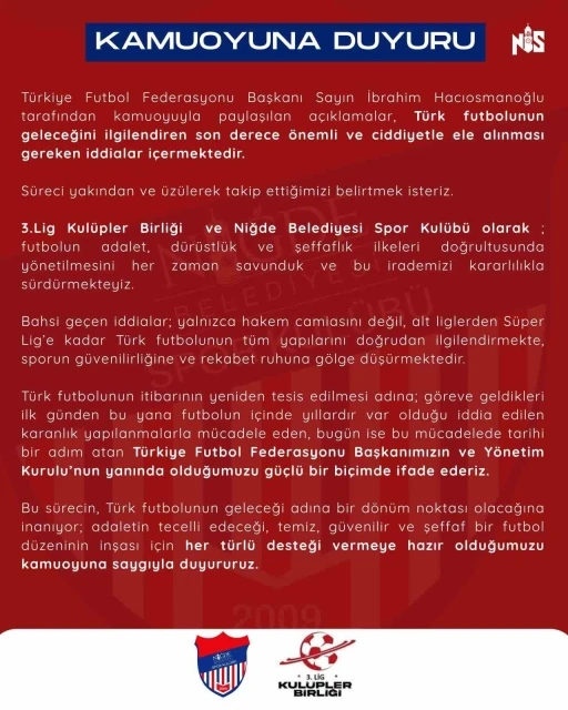 Niğde Belediyespor’dan TFF’ye destek