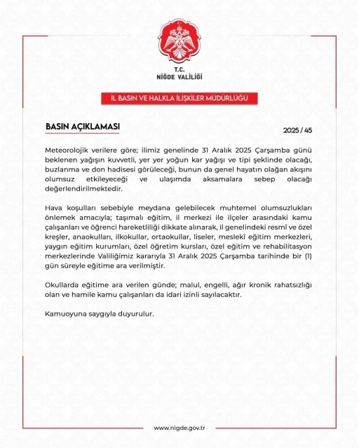 Niğde&rsquo;de eğitme bir g&uuml;n ara verildi
