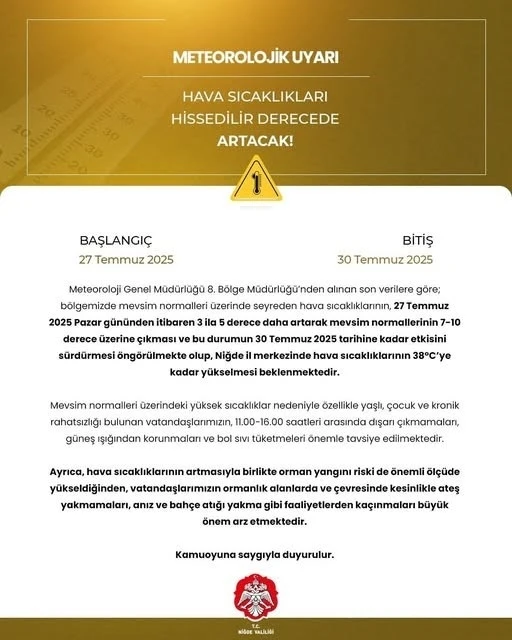Niğde’de kavurucu sıcaklar geliyor: Termometreler 38 dereceyi görecek
