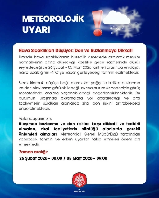 Niğde&rsquo;de meteorolojik uyarı: Don ve buzlanmaya dikkat
