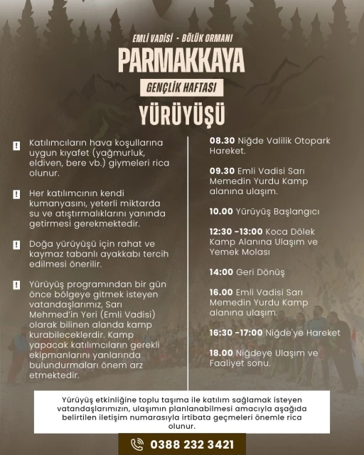 Niğde’de Parmakkaya Doğa Yürüyüşü ile Gençlik Haftası coşkusu başlıyor
