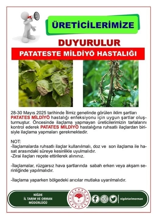 Niğde İl Tarım ve Orman Müdürlüğü’nden üreticilere mildiyö uyarısı
