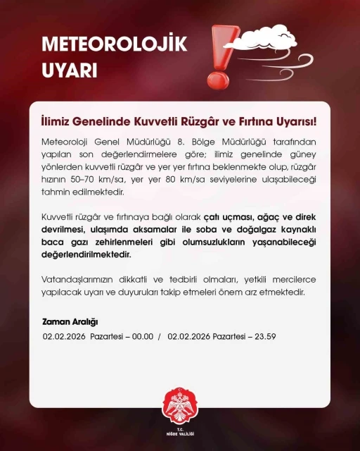 Niğde Valiliği&rsquo;nden kuvvetli r&uuml;zgar uyarısı
