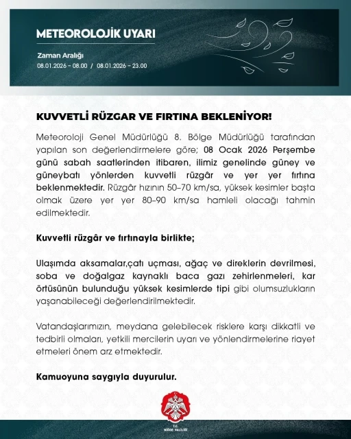Niğde Valiliği&rsquo;nden kuvvetli r&uuml;zgar ve fırtına uyarısı
