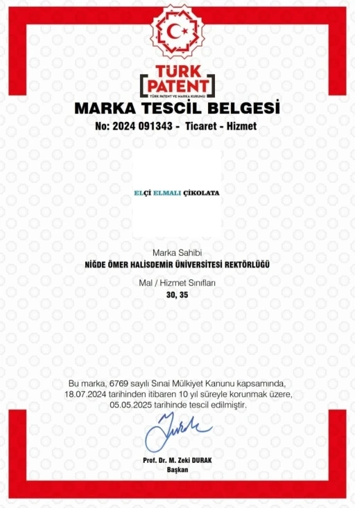 NÖHÜ’nün ’Elçi Elmalı Çikolata’ markası tescillendi
