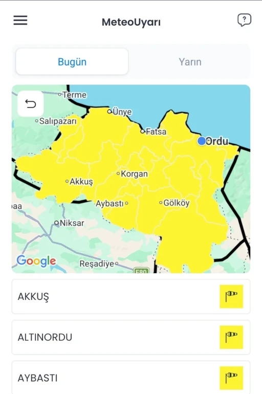 Ordu i&ccedil;in sarı kodlu fırtına uyarısı
