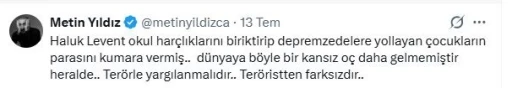 Oyuncu Metin Yıldız&rsquo;dan Haluk Levent&rsquo;e tepki: "Ter&ouml;rle yargılanmalıdır, ter&ouml;ristten farksızdır"
