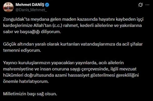RT&Uuml;K Başkanı Daniş&rsquo;ten Zonguldak&rsquo;ta meydana gelen maden kazası i&ccedil;in yayıncı kuruluşlara uyarı

