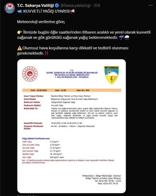 Sakarya’da kuvvetli yağış uyarısı
