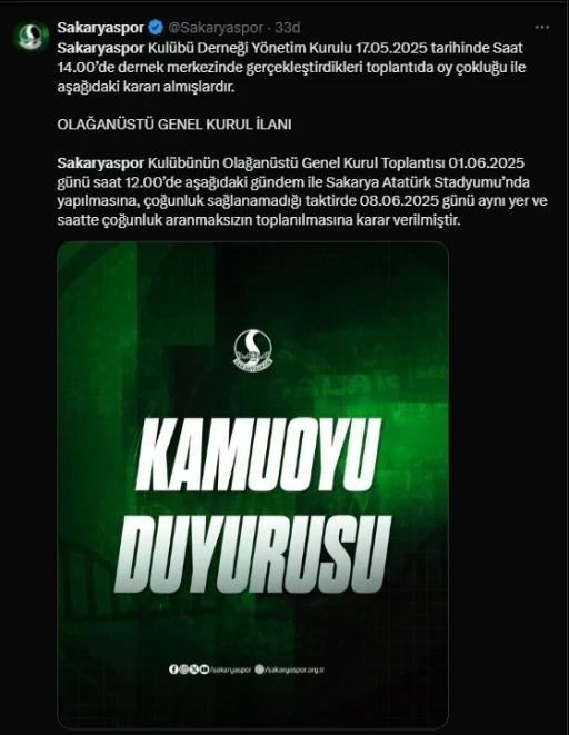 Sakaryaspor’da Olağanüstü Genel Kurul kararı
