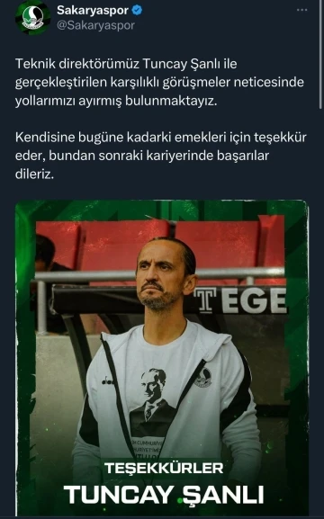 Sakaryaspor, Tuncay Şanlı ile yolları ayırdı
