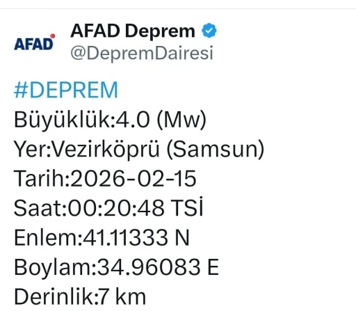 Samsun Vezirk&ouml;pr&uuml;&rsquo;de gece yarısı korkutan deprem
