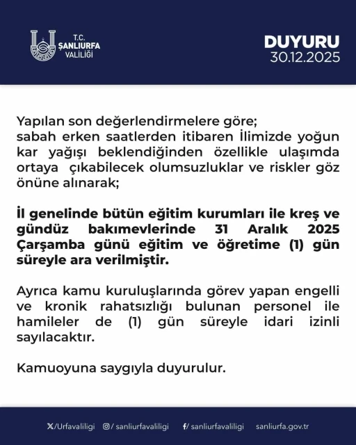 Şanlıurfa&rsquo;da okullar yarın tatil
